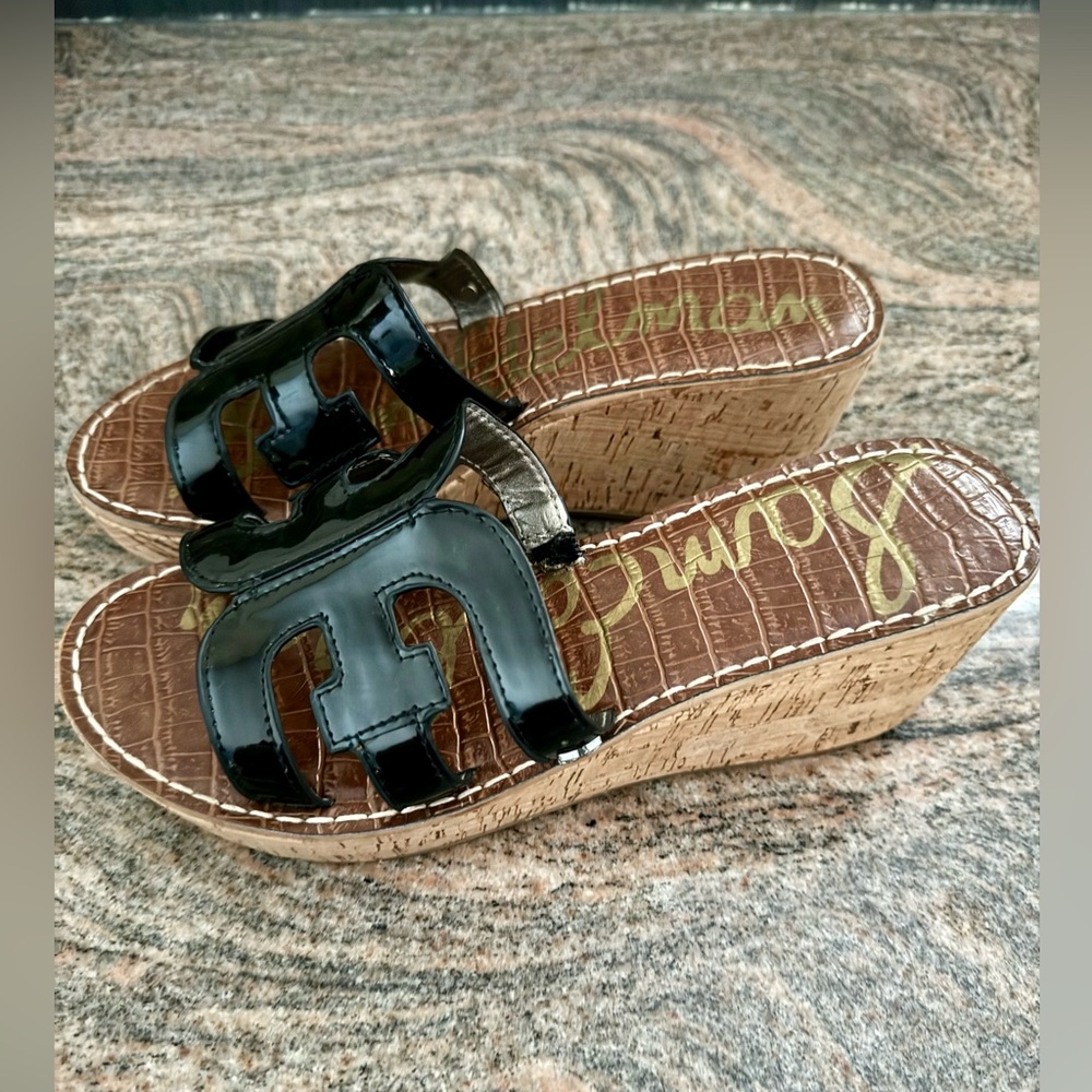 Sam Edelman black patent cork wedges sandals mules 7.5 excellent condition